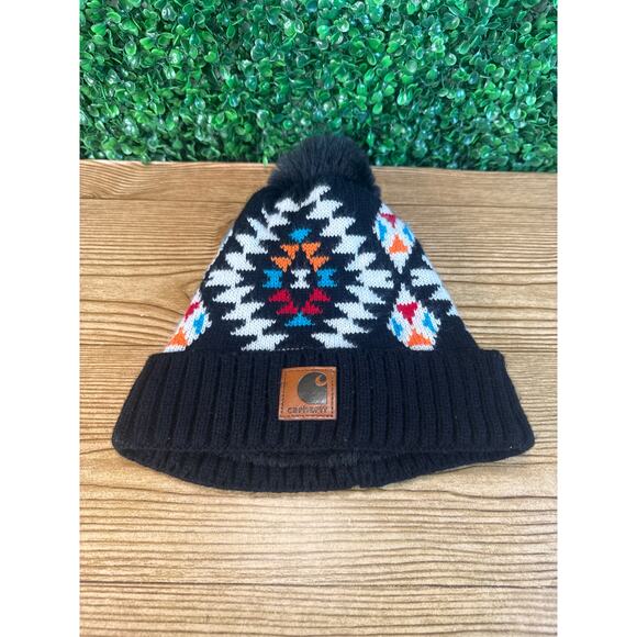 Adult Bohemian Winter Beanie Black Knitted Hat Fur Ball Warm Cap Carhartt Hat - Picture 1 of 9
